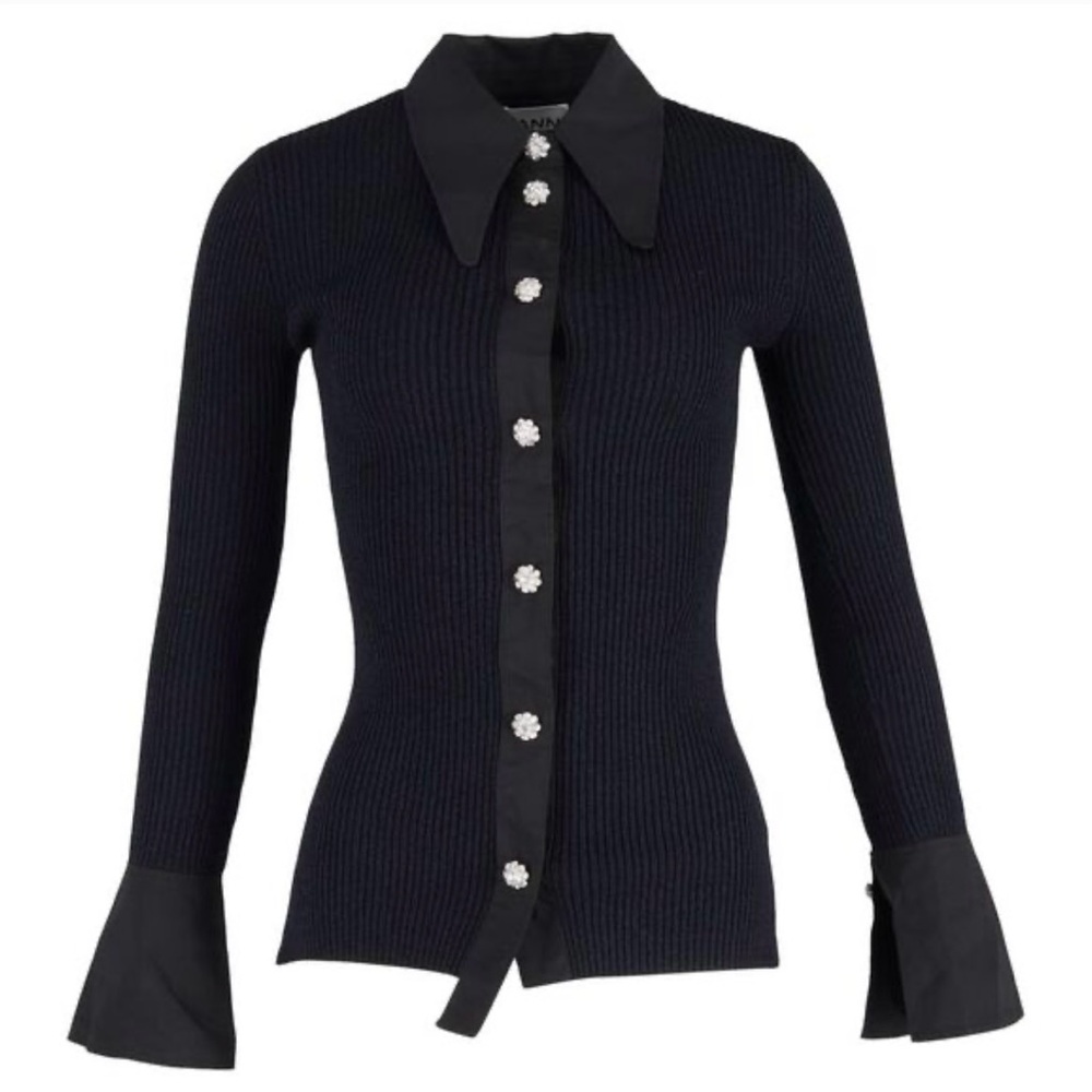Ganni Black Ribbed Cardigan with Flared Sleeves